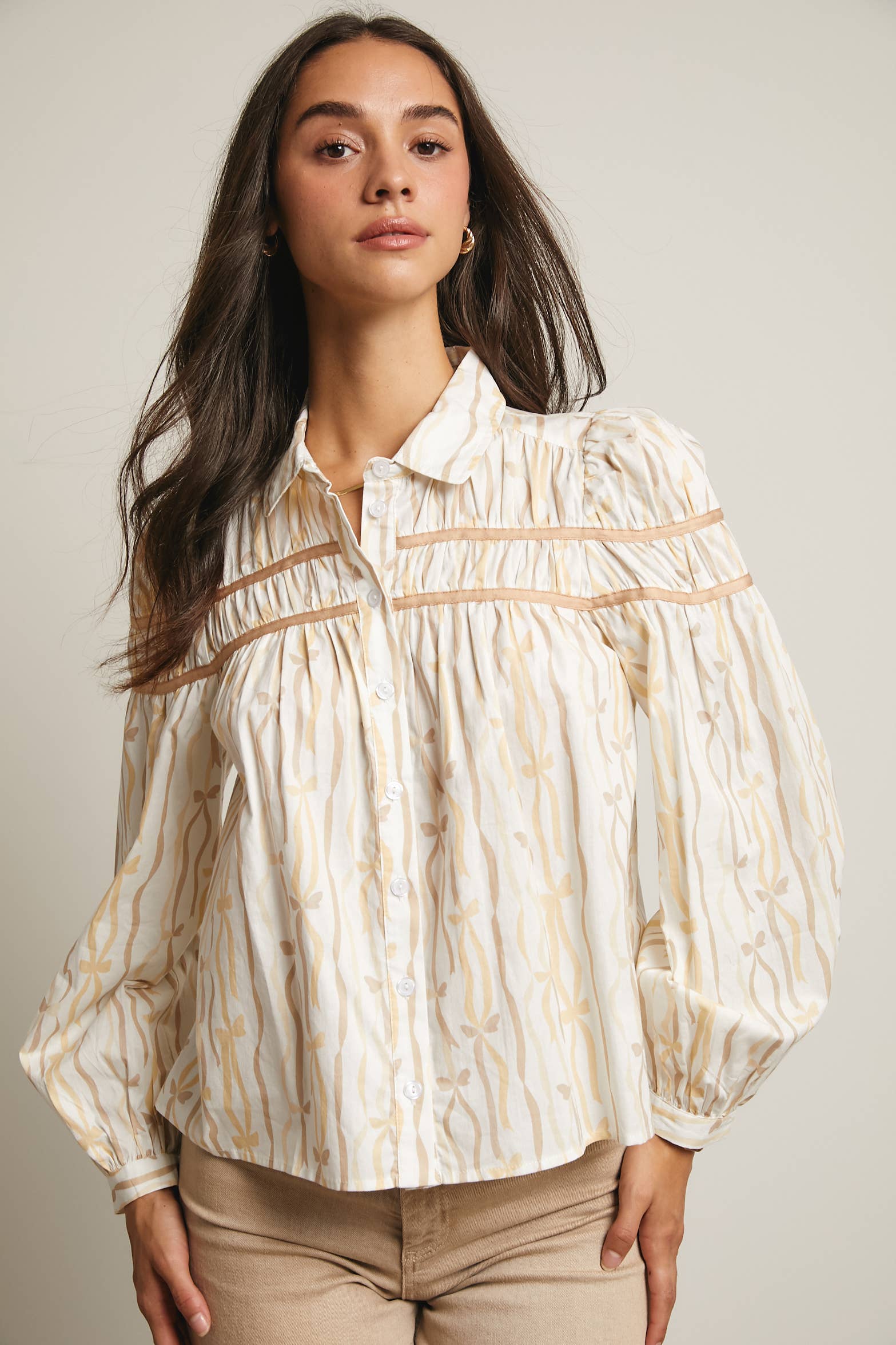 Forte – wholesale Blouse – Women’s – Ribbon Stripe Puff Sleeve Blouse FT00053