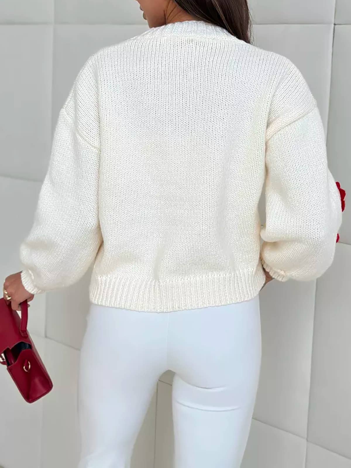 Rosa Clothing - Vente Cardigan – femme - joli cardigan en tricot à fleurs 3D avec petite boule de rose11