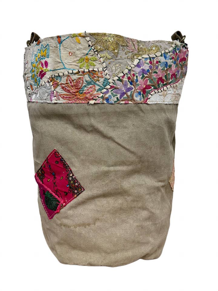 Recycled Military Tent Bucket Bag w/Vintage Fabric-12 for wholesale by Vintage Addiction
