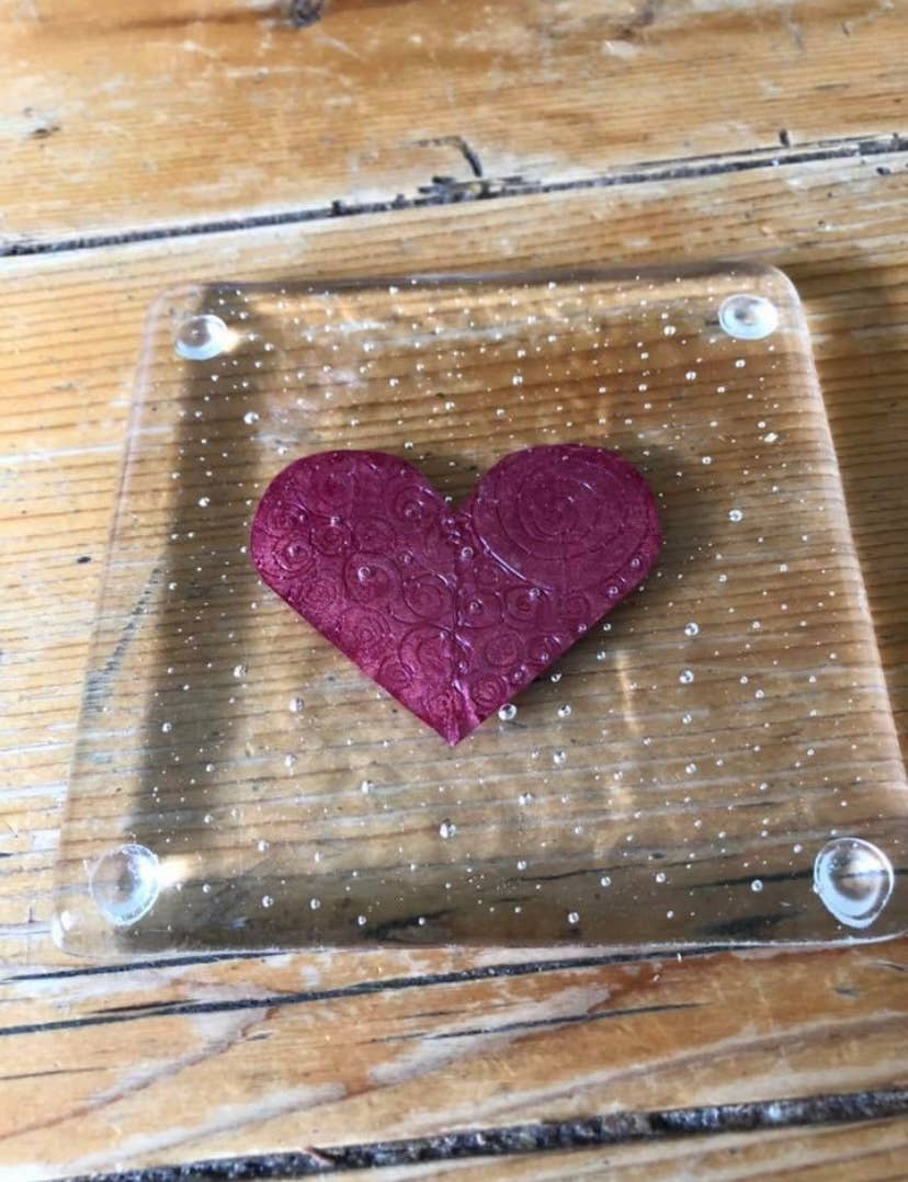Ally Glass Studio – wholesale Coasters – Fused glass with copper Heart coaster0