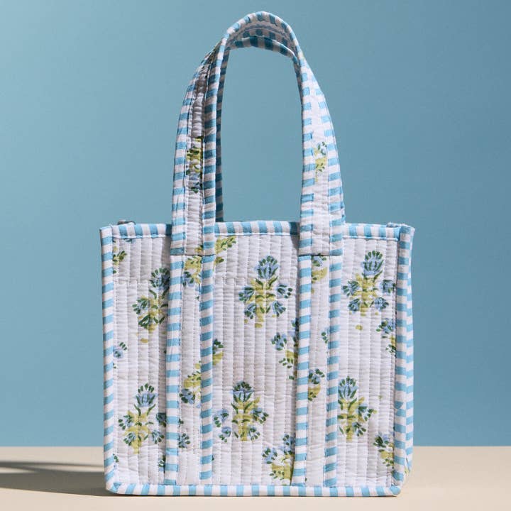 Blue Floral Quilted Mini Tote Bag – Soft Fabric Everyday Carry Handbag for wholesale by Lilla Haven