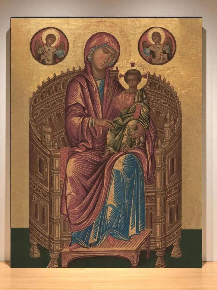 Ortodoks ikon af Guds Moder Hodegetria på trone med Kristus – Byzantinsk ikonreproduktion fra det 13. århundrede for engroshandel hos Iconsofsaints