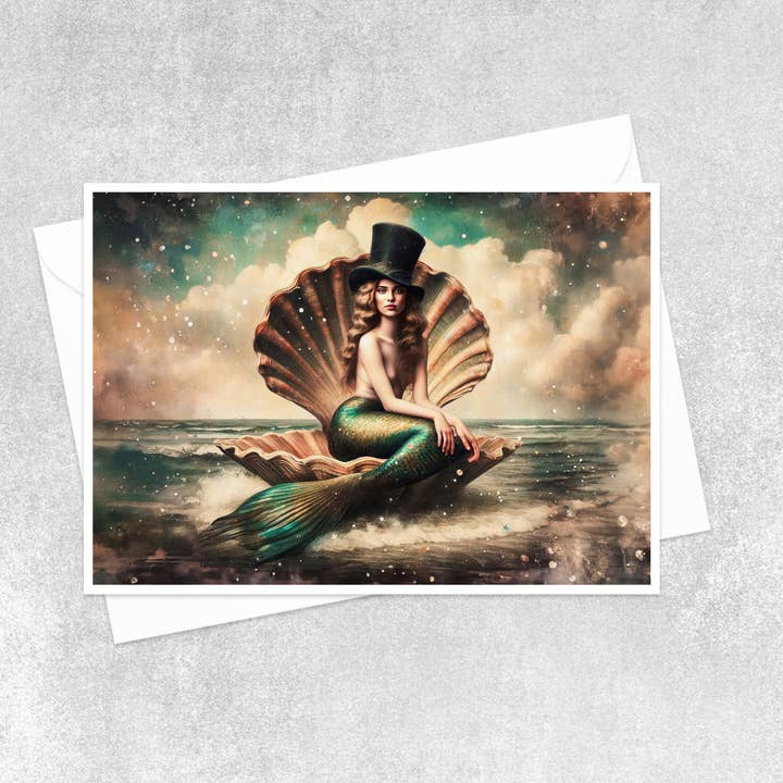 Carte de vœux vierge Sirène dans un coquillage 128RD pour la vente par Salty Alyce