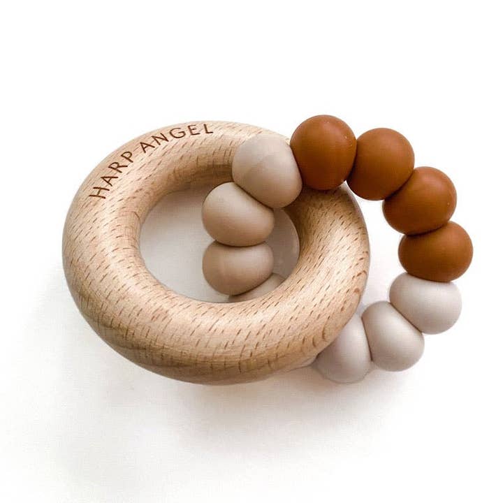 Silicone and Wood Teether Ring (Cappuccino Tan & Cream) for wholesale by Harp Angel Boutique
