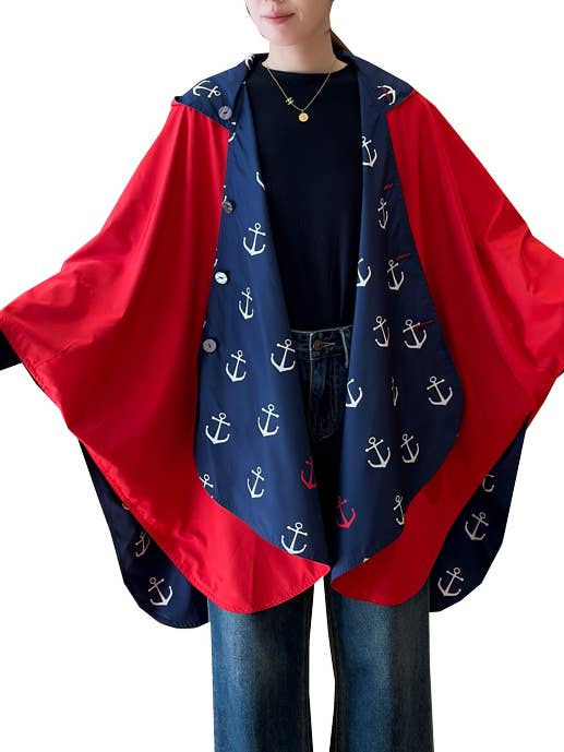 Winding River - Wholesale Raincoat - Women's - Navy / Red Reversible Rain Cape - Anchor Collection1