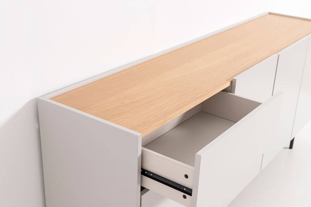 Gdeco - Wholesale Sideboard - Pol Sideboard, Gray Lacquered Stone and Oak Veneer, Black Metal Legs.1