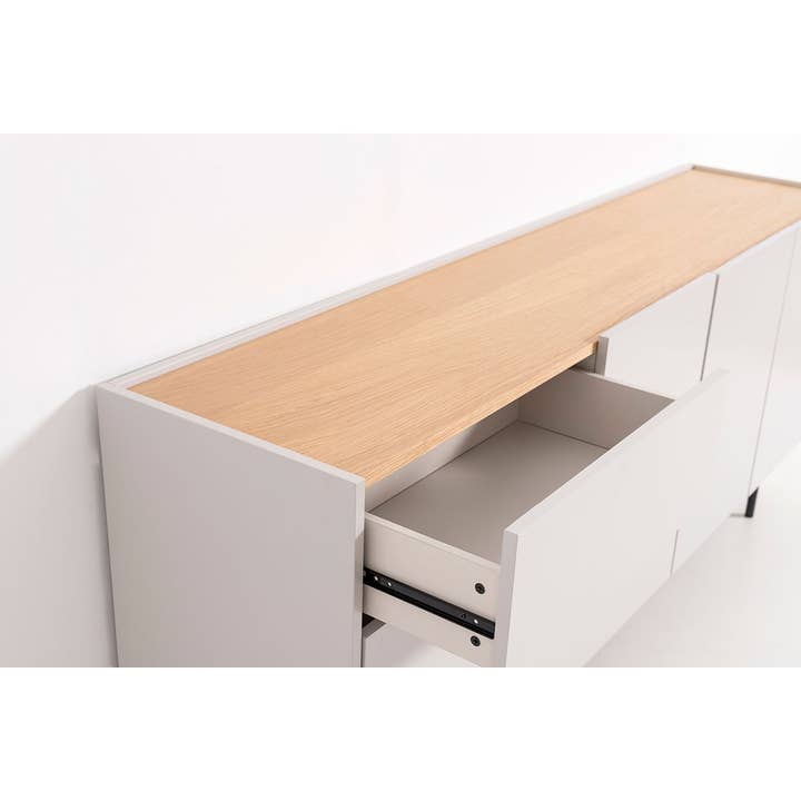 Gdeco - Wholesale Sideboard - Pol Sideboard, Gray Lacquered Stone and Oak Veneer, Black Metal Legs.1