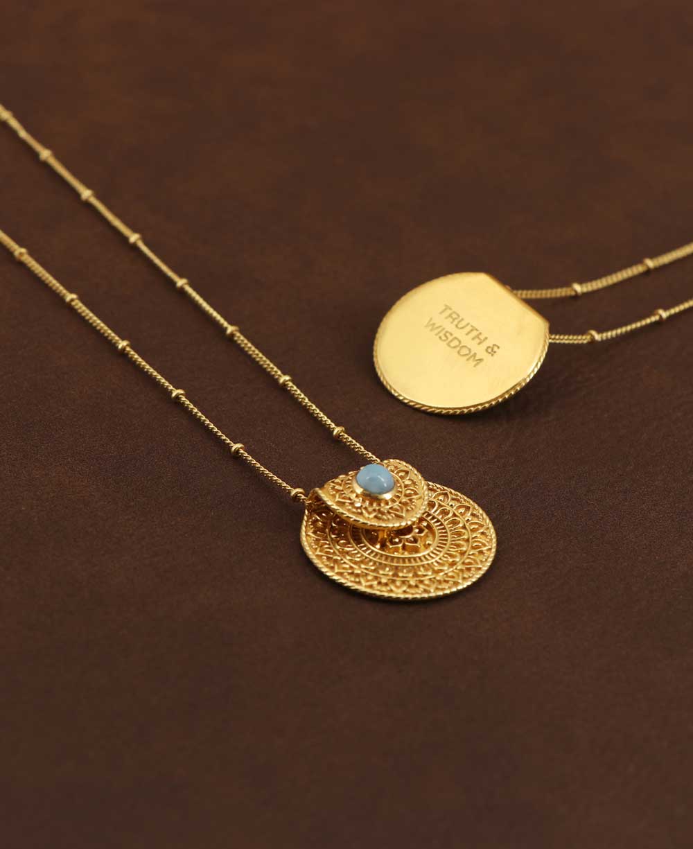 Culture Spot - Wholesale Pendant/Charm Necklace - Inspirational Gold Plated Mandala Necklace with Larimar Stone3