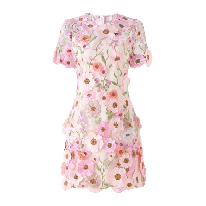 PS3 Pink 3D Floral Embroidery Short Sleeve Dress for wholesale by Productseeker