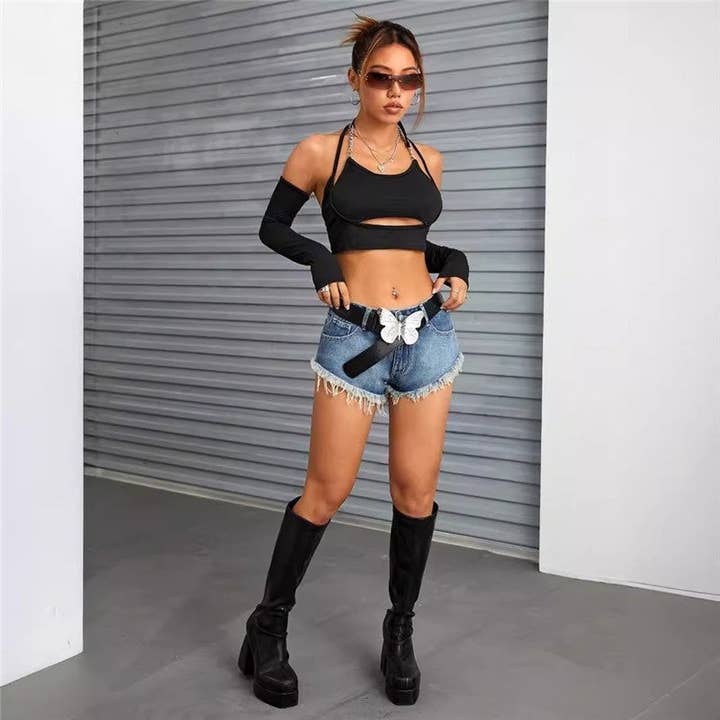 Enkla och mångsidiga smala råkantiga lösa jeansshorts med låg midja för wholesale av ShieldChic