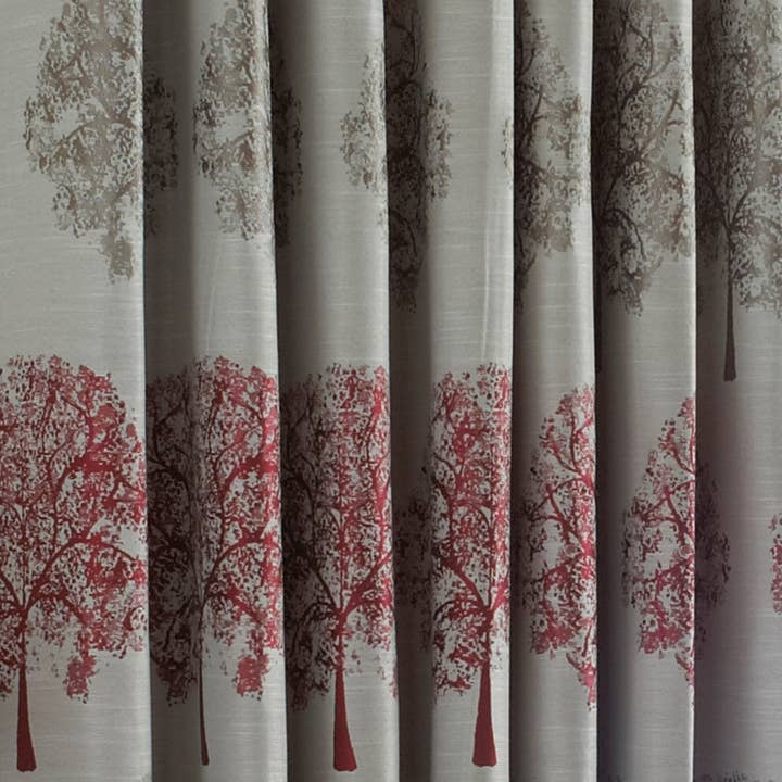 Oakdale Tree Motif Eyelet Curtains Red for wholesale on Faire