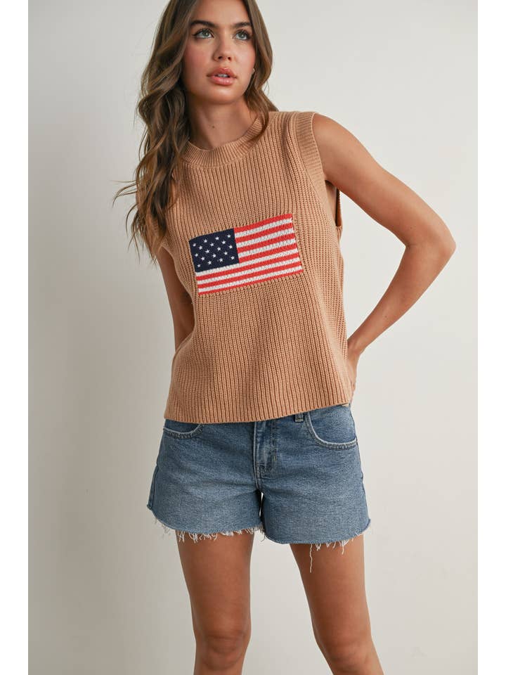 BUTTERMELON - Wholesale Knit Sweater - Women's - Flag Print Knitted Sleeveless Sweater - BMW7749