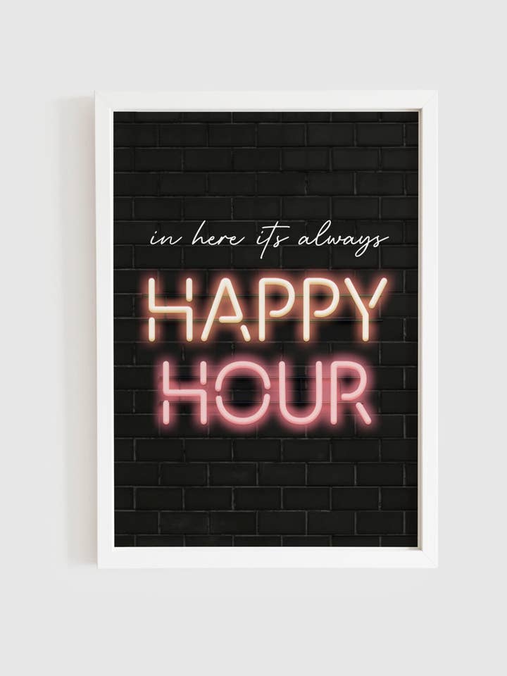 Happy Hour - Home Bar Dark Decor Neon Sign Art Print for wholesale by Inked Prints