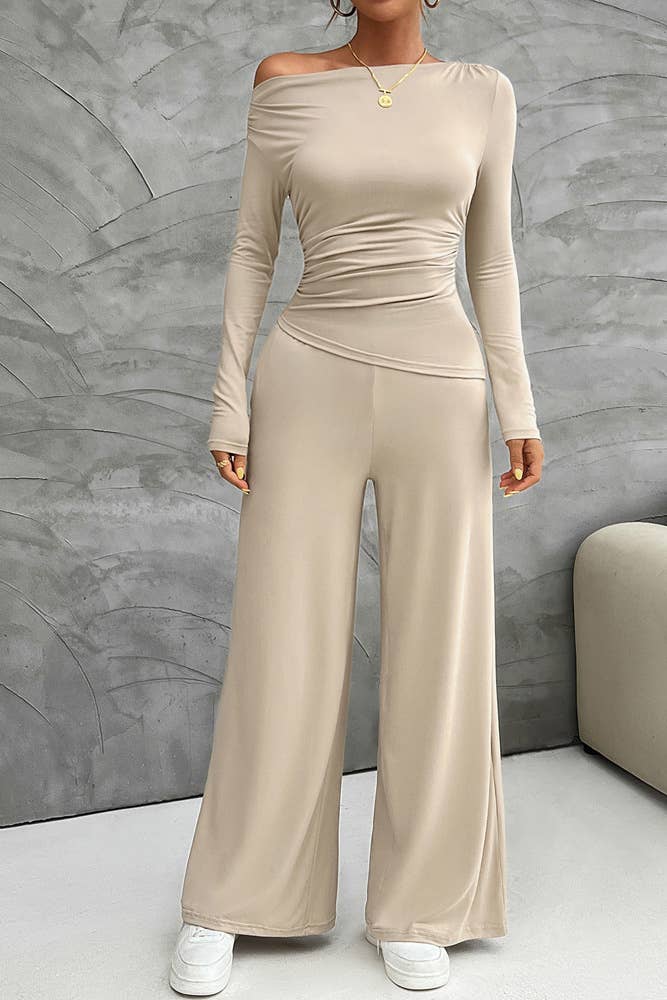 UNISHE - Wholesale Top & Pant Set (NOT Loungewear) - Women's - Casual Elegance Long Sleeve Top and Wide Leg Pants Set DY1754