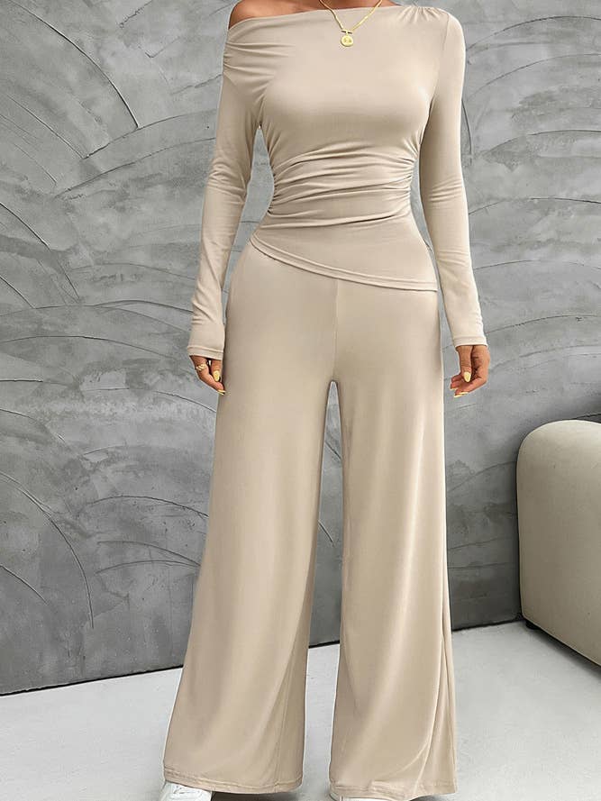 UNISHE - Wholesale Top & Pant Set (NOT Loungewear) - Women's - Casual Elegance Long Sleeve Top and Wide Leg Pants Set DY1754