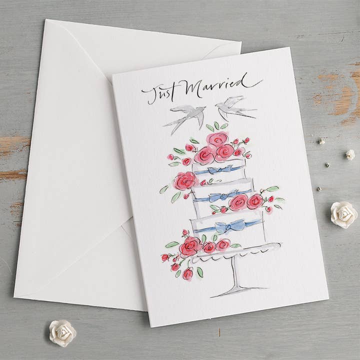 'Just Married' Swallows & Red Roses Cake Wedding Card for wholesale by Gabrielle Solly Illustration