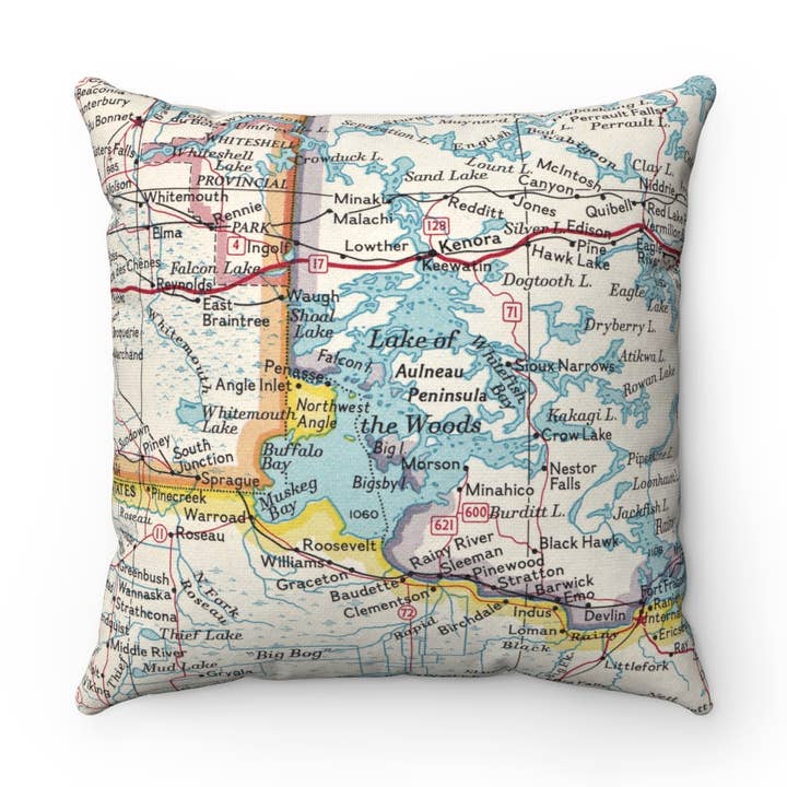 Lake of the Woods Minnesota Ontario Canada Map Pillow for wholesale by Daisy Mae Designs