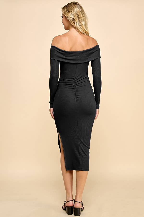 Heart & Hips – wholesale Dress – Women's – RD53632L - RUCHED OFF SHOULDER MIDI DRESS WITH A SLIT2