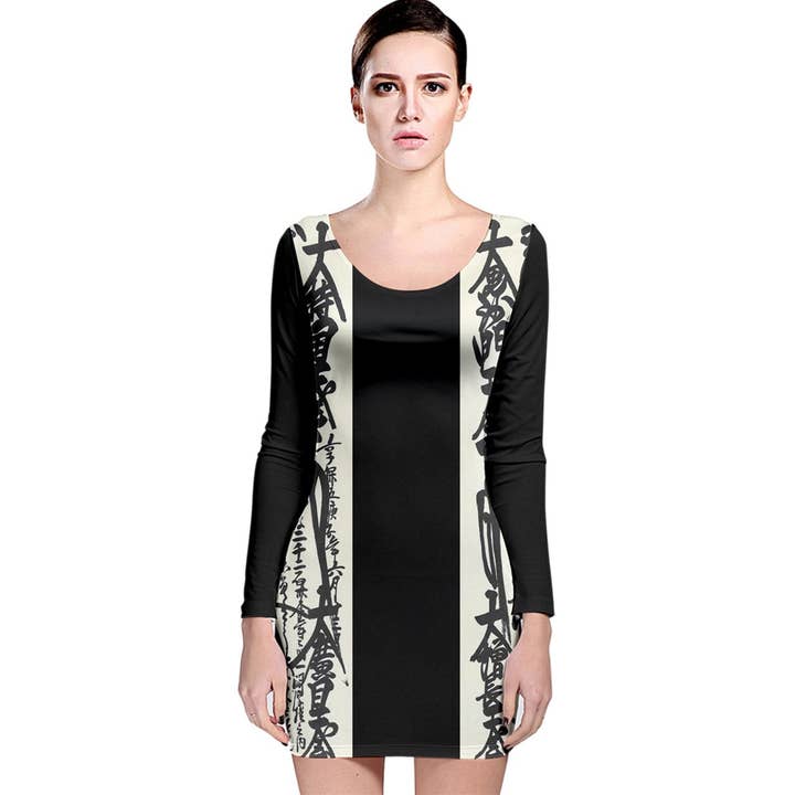 Oriental Black White Long Sleeve Velvet Bodycon Dress for wholesale by Sharon Tatem Fashion LLC