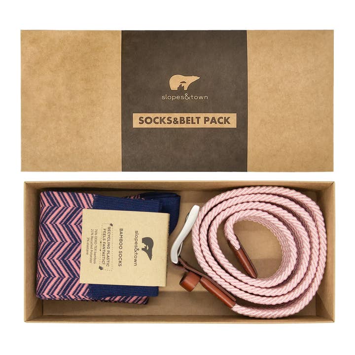 Slopes&Town - Wholesale Belt - Unisex - Gift box belt Ray and Pink Herringbone Socks