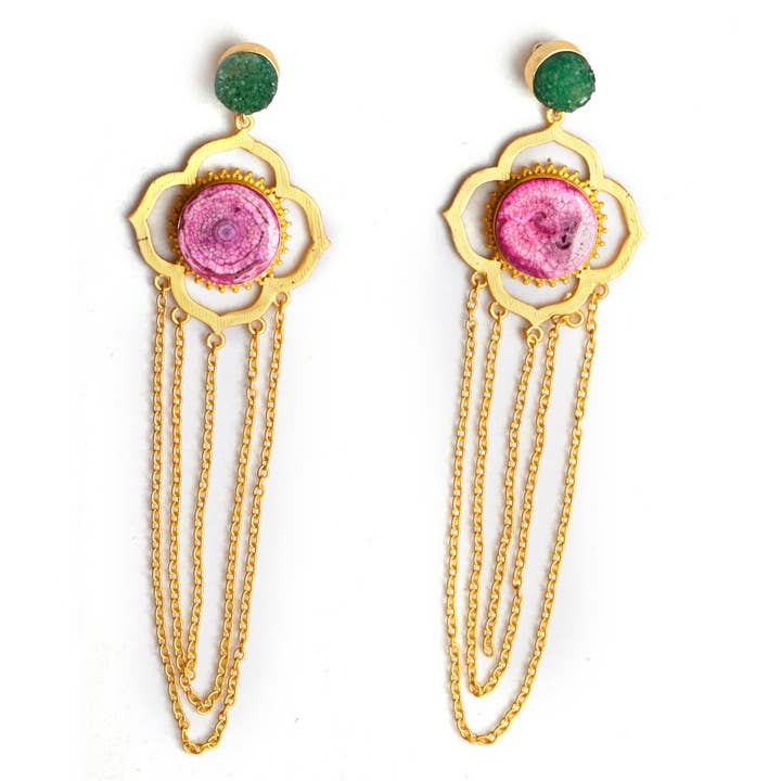 Brincos de Declaração Oasis (Druza Verde + Quartzo Solar Rosa) por atacado de Gemajesty Jewellery