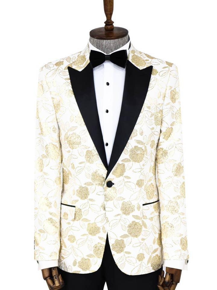 Blazer da ballo da uomo bianco con motivi floreali - Wessi per la vendita all'ingrosso da parte di Wessi