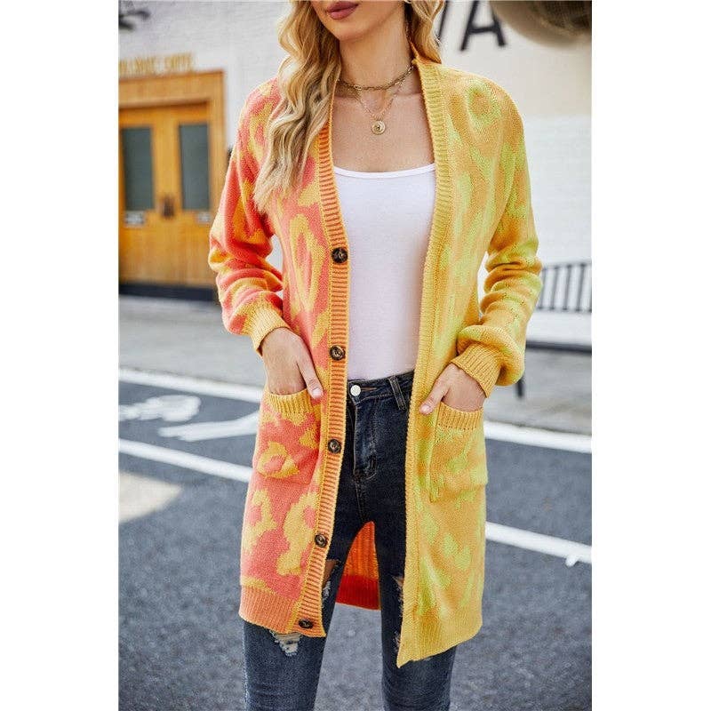 Mirazshoes WholeSale - Wholesale Cardigan - Women's - Contrast Color Leopard Buttoned Midi Knitted Cardigan Outerwear7
