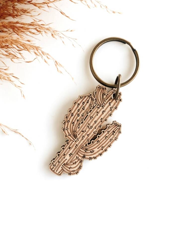 Portachiavi in legno di cactus del deserto | Portachiavi western | ciondolo per borsa per la vendita all'ingrosso da parte di Knots & Fringe