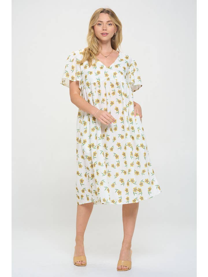 SM WARDROBE – wholesale Dress – Women's – DAFFODIL PRINT MIDI DRESS WHITE4