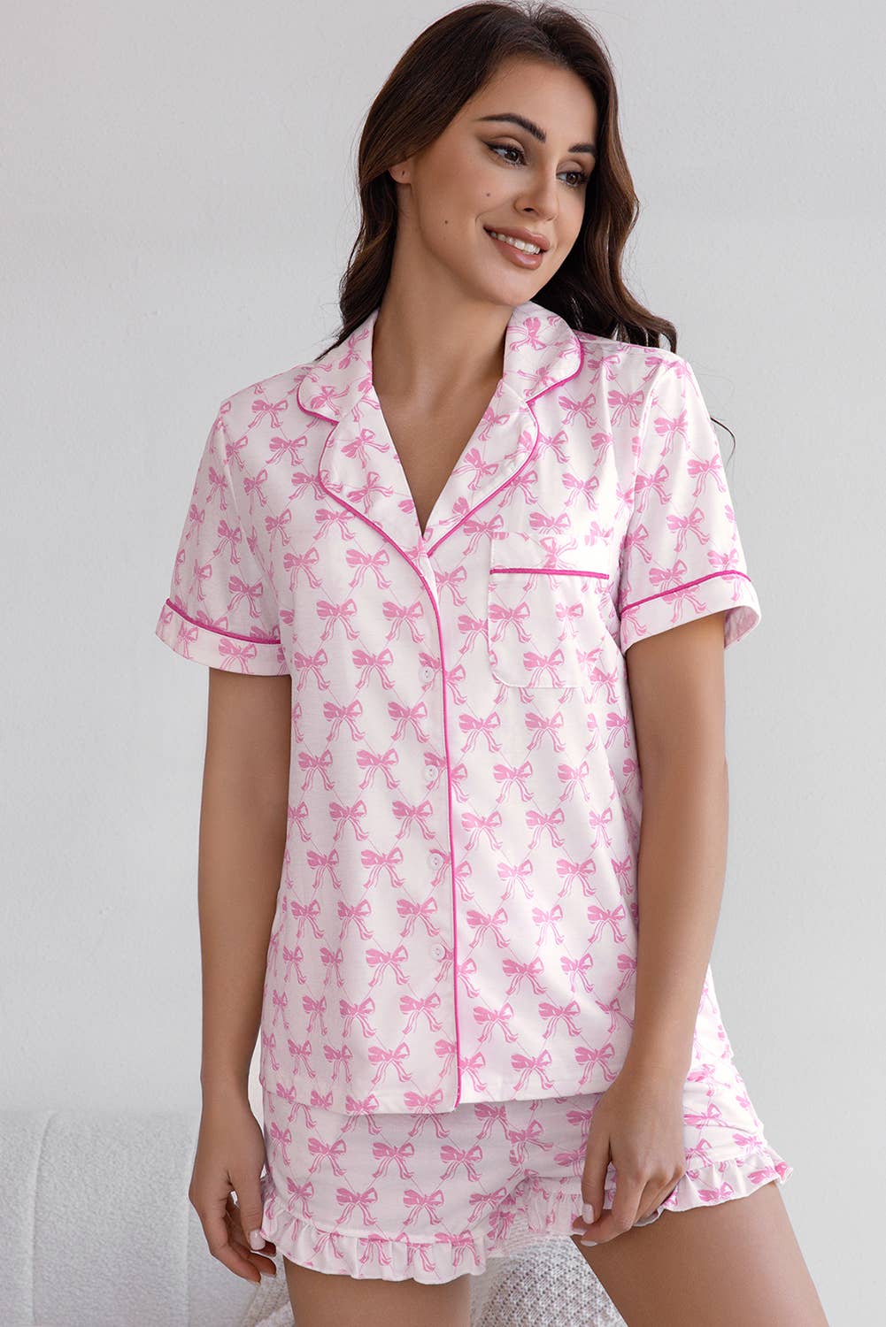 Pink Bowknot Print Short Sleeve and Shorts Pajama Set for wholesale on Faire5