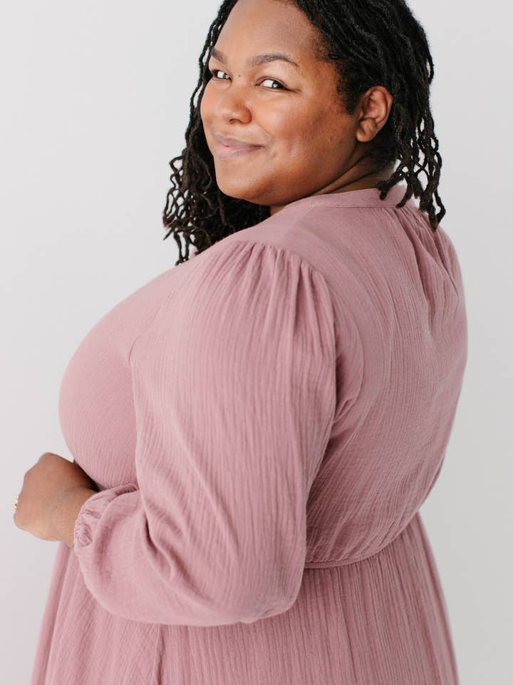 Dusty Mauve 'Louisa' Button Down Tiered Cotton Gauze Midi Dress for wholesale on Faire10