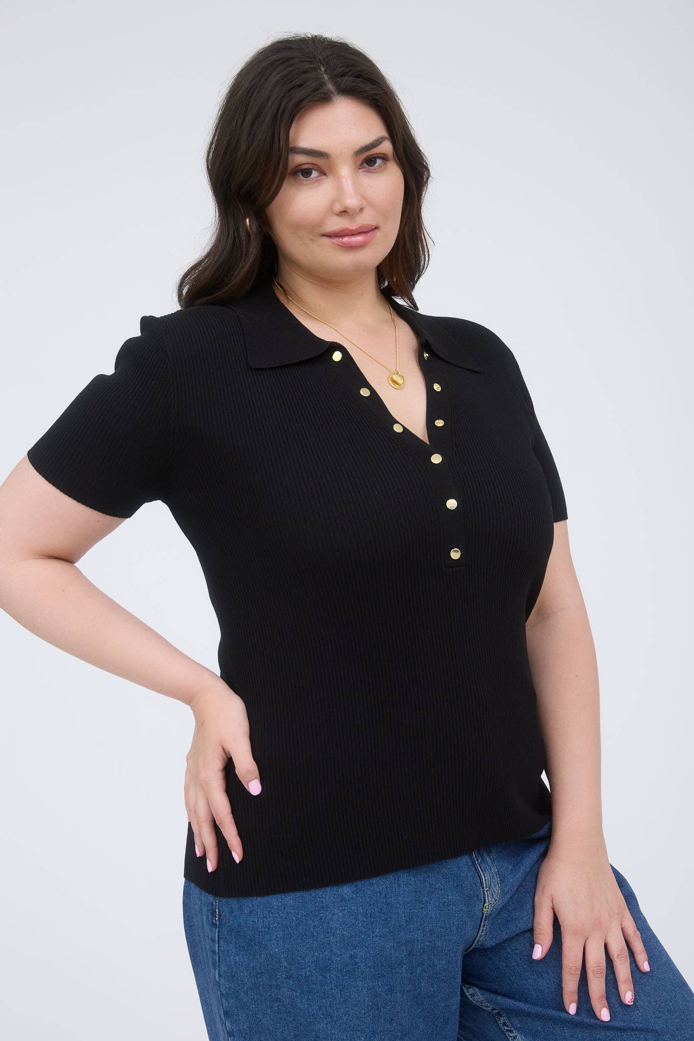 The Workshop Studio - Wholesale Knit Top - Women's - PLUS GOLD SNAP BUTTON SWEATER KNIT POLO6