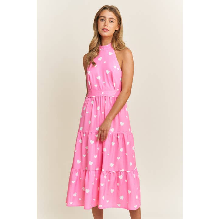 Sweet Generis - Wholesale Dress - Women's - SOFT WOVEN VALENTINE HEART PRINT HULTER NECK MIDI DRESS WITH