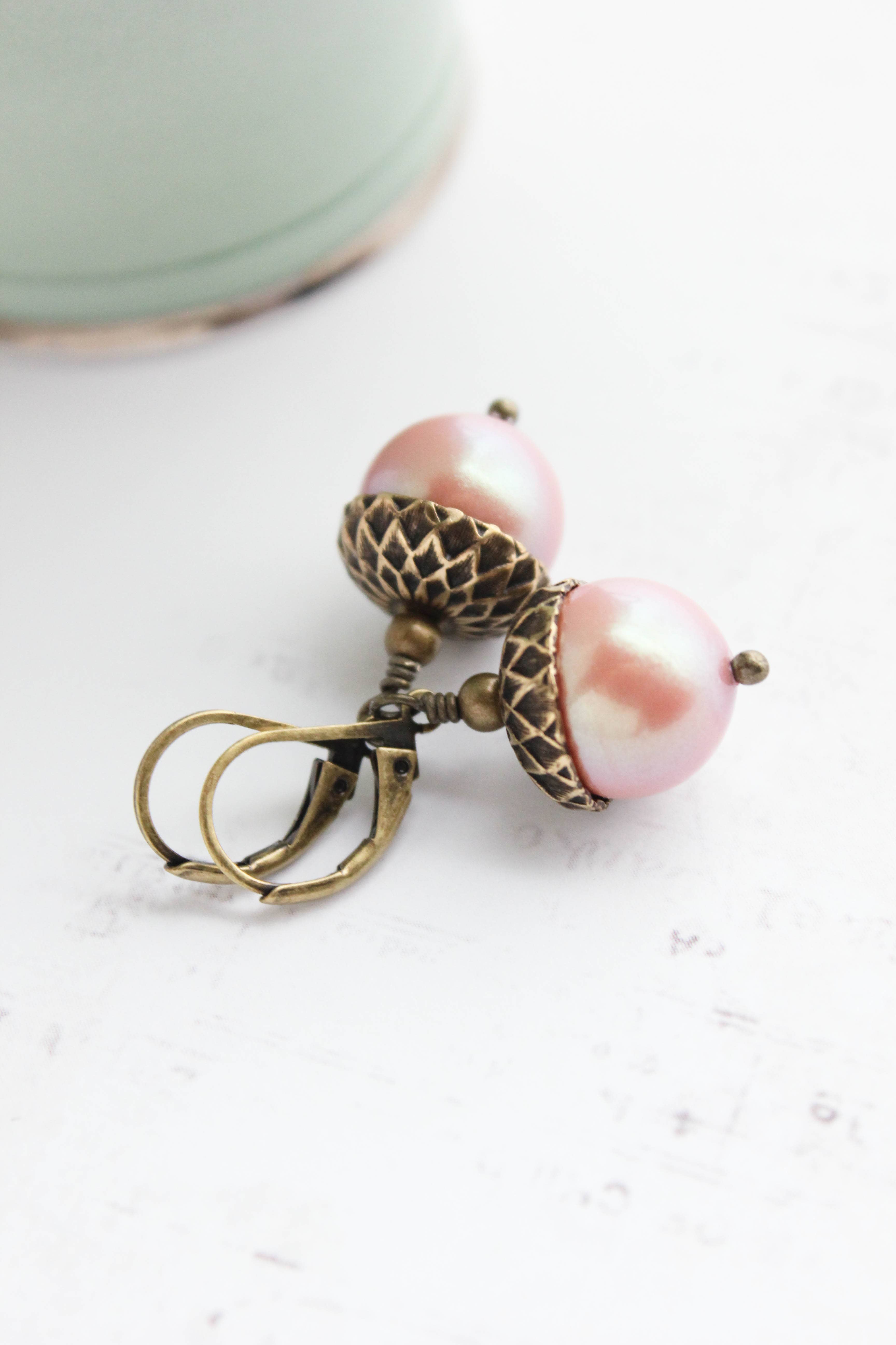 A Pocket of Posies - Wholesale Dangle Earrings - Pearl Acorn Earrings (21 Colors) - ANTIQUED BRASS13