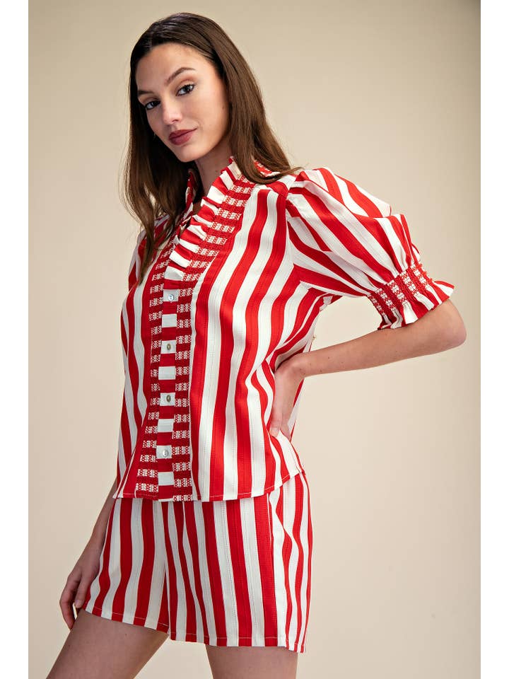 Glam - Wholesale Blouse - Women's - Ruffle V-Neck Smocked Puff Sleeve Blouse4