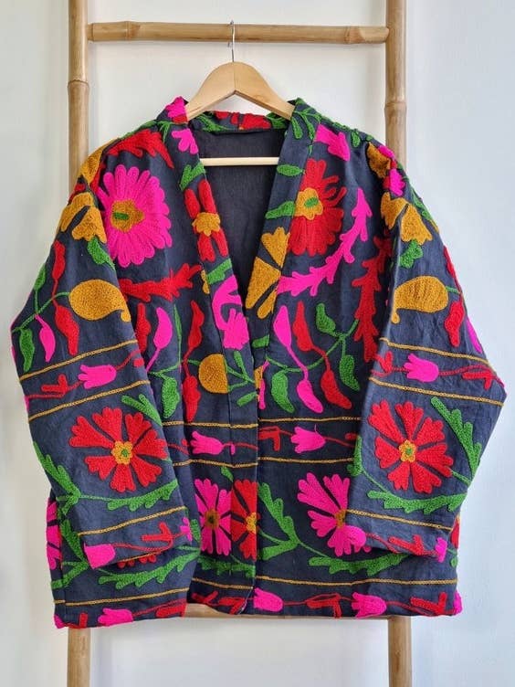 Essential Designs London - Wholesale Jacket - Women's - Suzani Hand Embroidered Short Jacket | Autumn Winter Boho Uzbek Kashmir Crewel | Luxe Special Gift | Classic Elegant Black Pink Red Green |0