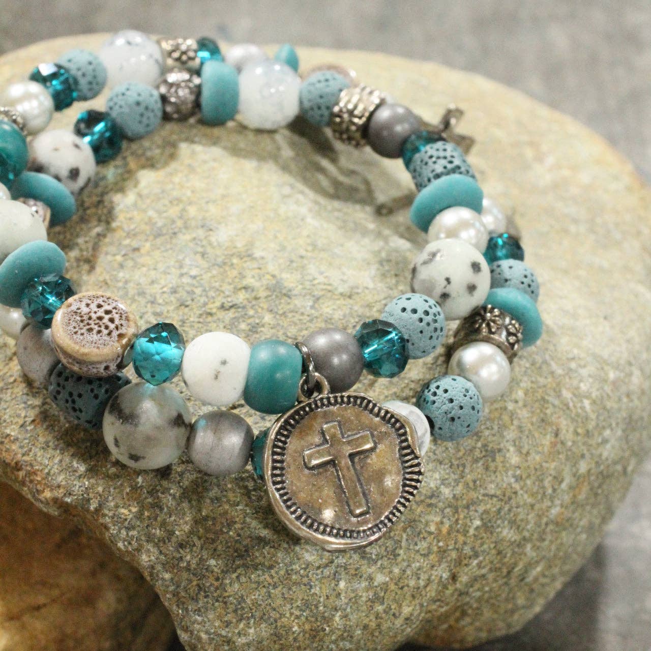 The Primitive Peddler, Inc. - Wholesale Charm/Dangle Bracelet - Gunmetal & Jade Stone Cross Layered Wrap Bracelet1