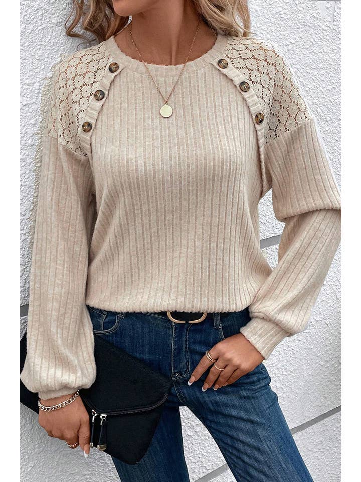 Parchment Ribbed Lace Raglan Sleeve Top for wholesale on Faire