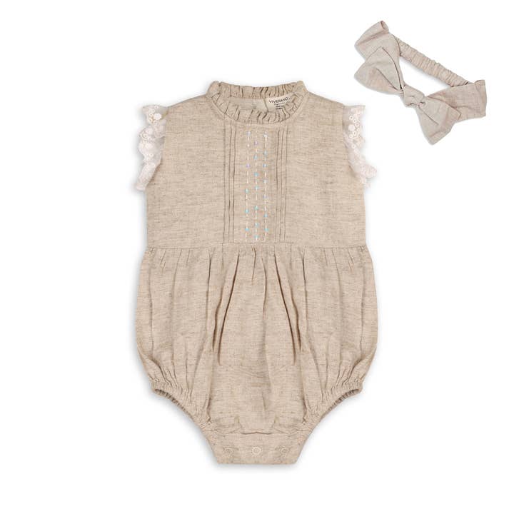 Eva Bubble Baby Romper + Headband (Linen Blend) for wholesale by Viverano Organics