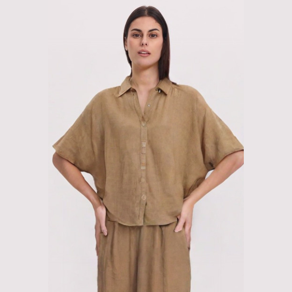 Camel Oversized linen shirt for wholesale on Faire0