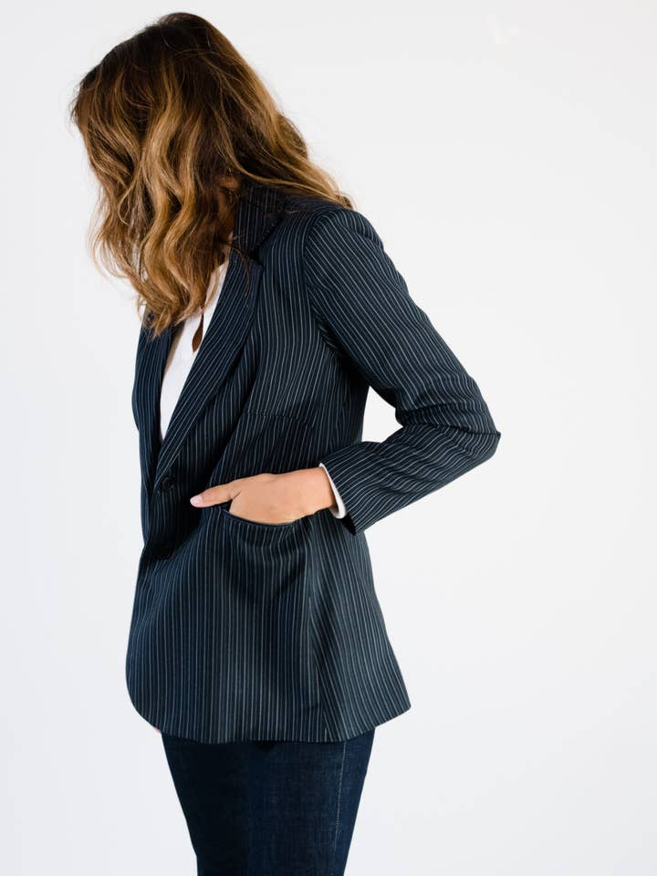 Midnight Chalk Stripe Michelle Blazer for wholesale on Faire