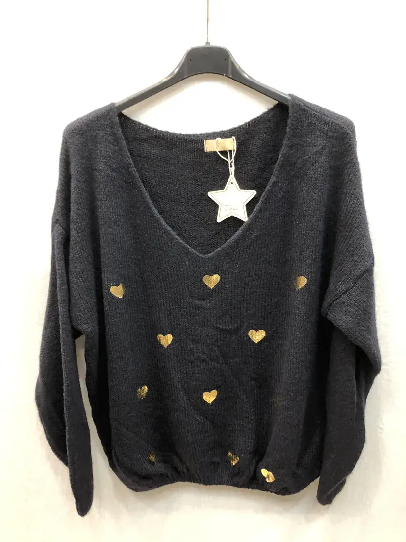 Mimi & Gogo - Venta al por mayor Jersey de punto - Mujer - Suéter con corazones dorados @20127_PullOrCoeur7