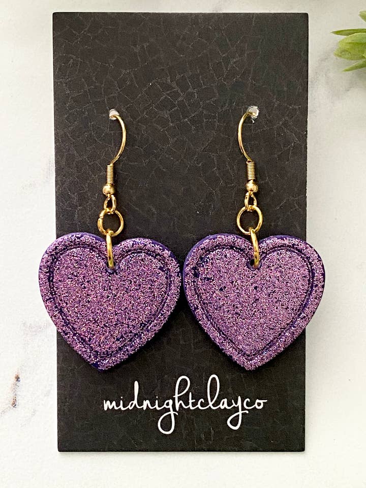Purple glitter heart earrings, valentines earrings,for women for wholesale by midnightclayco