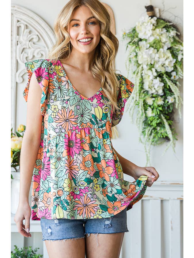 7th Ray - Vendita all'ingrosso Camicetta - Donna - Top a maniche svolazzanti con stampa floreale multicolore Baby Doll T51653