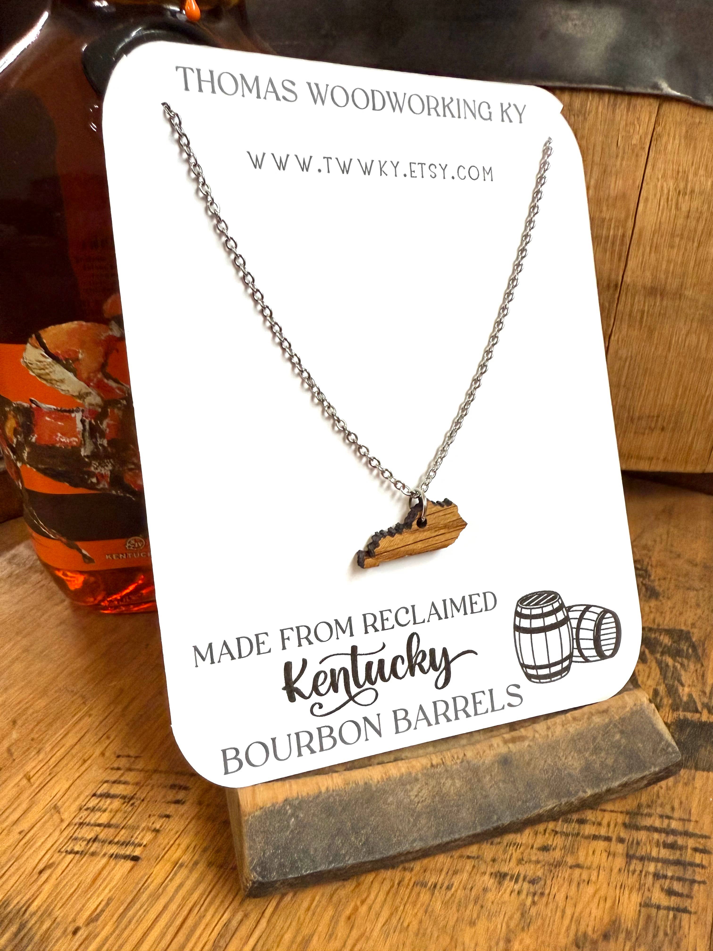 Brown Wood Kentucky Necklace made from Kentucky Bourbon Barrels. for wholesale on Faire0