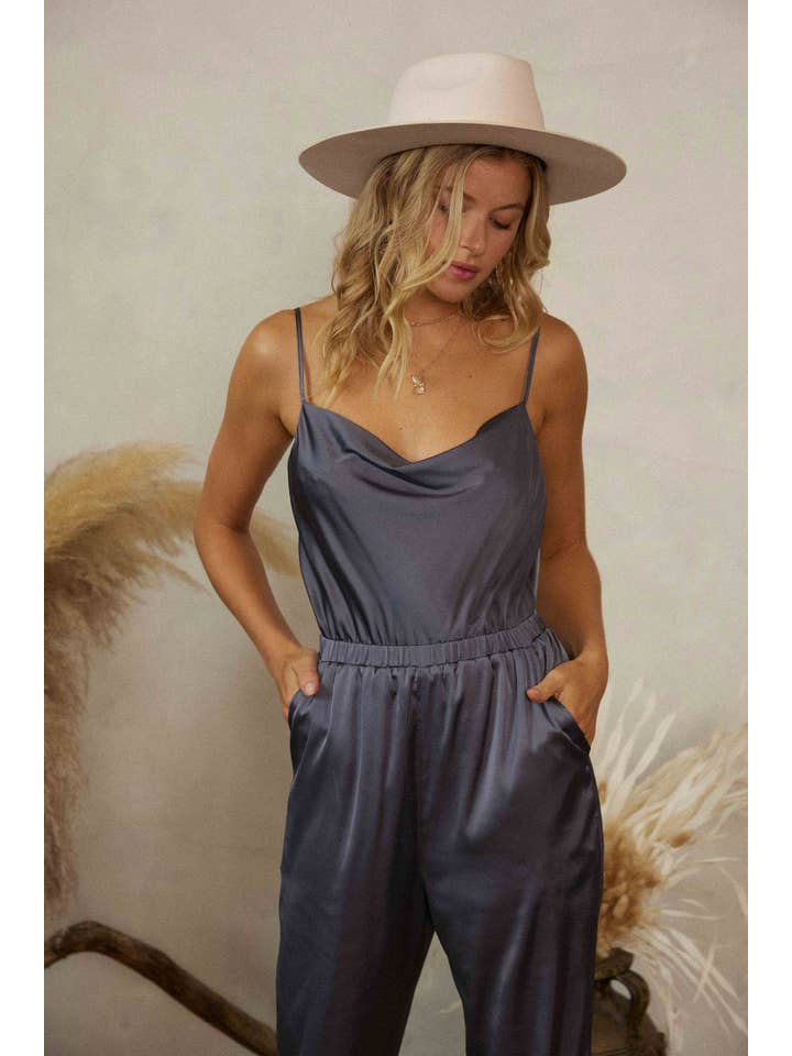 Endless Blu - Wholesale Jumpsuit - Women's - JR6304 COWL NECK SATIN JOGGER JUMPSUIT
