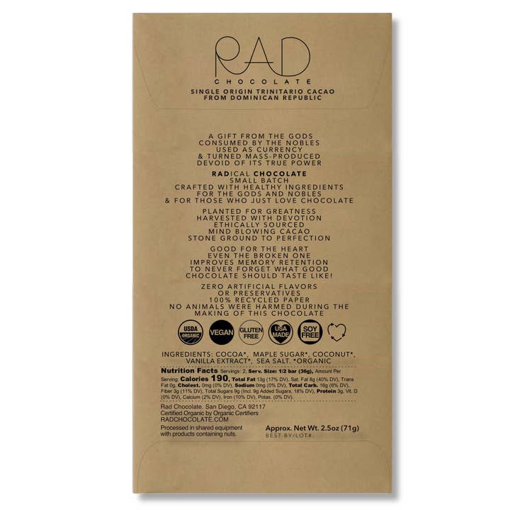 Rad Chocolate - Wholesale Chocolate Bar - Rad Creamy Coconut Chocolate Bar with Maple Sugar