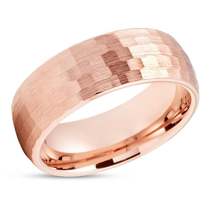Rose Gold Tungsten Wedding Ring - Hammered Tungsten Ring - Rose Gold Band - Dome Ring for wholesale by Lucky Love Rings