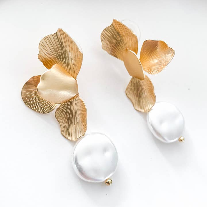 Gold Folded Flower Pearl Earrings for wholesale by Nicholls Jewellery