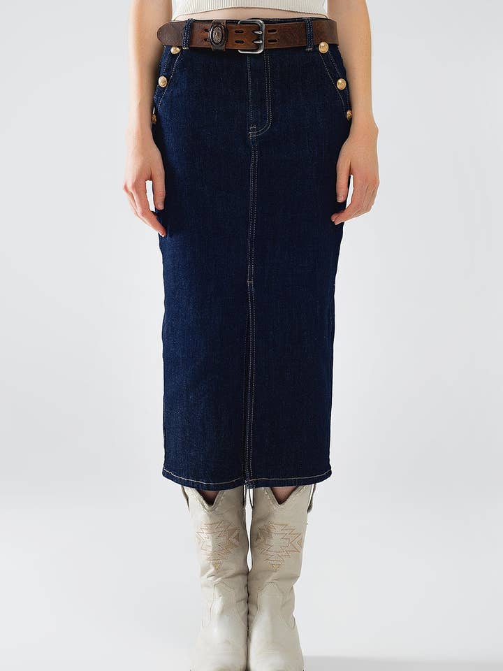 Blue Denim Skirt With Front Slit And Gold Buttons on Sides for wholesale on Faire